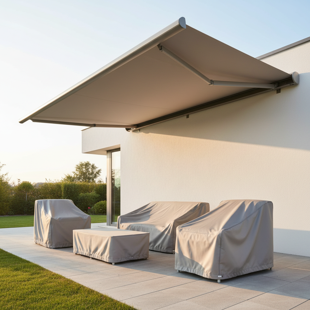 A wide retractable awning in muted taupe extends from a modern white exterior wall, shading a patio lounge area with a low table and covered seating. The awning fabric appears tightly stretched, with clearly defined support arms and a slim cassette housing mounted to the façade. Below, matching protective covers shield the furniture in a coordinated color palette. Golden hour sunlight illuminates the uncovered portions of the patio while the area beneath the awning remains softly shaded, creating a comfortable contrast. Captured from a low, slightly diagonal angle, the image emphasizes the awning’s span and structure. The photographic style, clean lines, and balanced composition communicate a professional, high-end shading and weather protection solution.