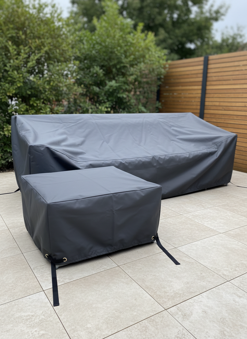 A large rectangular outdoor furniture cover made from heavy-duty, matte dark gray waterproof fabric, draped neatly over a patio sofa set on a light stone terrace. The fabric shows subtle stitching lines and reinforced corners with metal grommets and tension straps hugging the furniture base. In the background, blurred greenery and a modern fence suggest a landscaped backyard. Soft overcast daylight creates even, diffused illumination with gentle shadows beneath the covered furniture. Captured at eye level with sharp focus throughout, the composition follows the rule of thirds, emphasizing practicality and form. The photographic realism and clean, modern aesthetic convey reliability, durability, and professional outdoor protection.