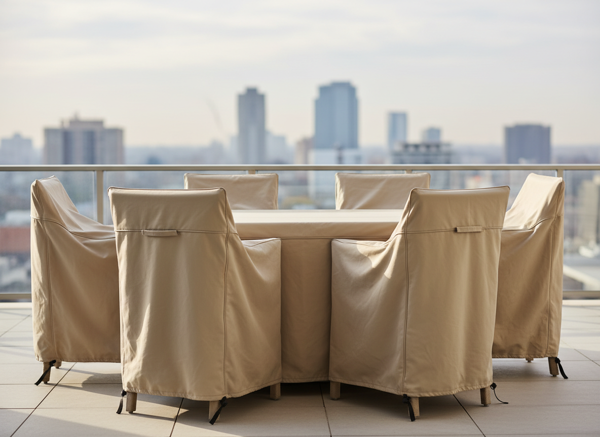 A sizable rectangular table and chair set on a balcony fully protected by a sand-colored outdoor cover, the fabric thick yet flexible with a fine canvas texture and neatly piped edges. The cover extends smoothly over the corners, secured with discreet tie-downs visible near the chair legs. The balcony overlooks a blurred cityscape with muted high-rises and sky, adding depth without distraction. Early morning sunlight filters in at a low angle, creating soft highlights and elongated shadows across the cover’s surface. The mood is calm and orderly, with a professional, functional atmosphere. Captured at eye level with moderate depth of field, the photographic image emphasizes precision fit, material quality, and urban outdoor practicality.