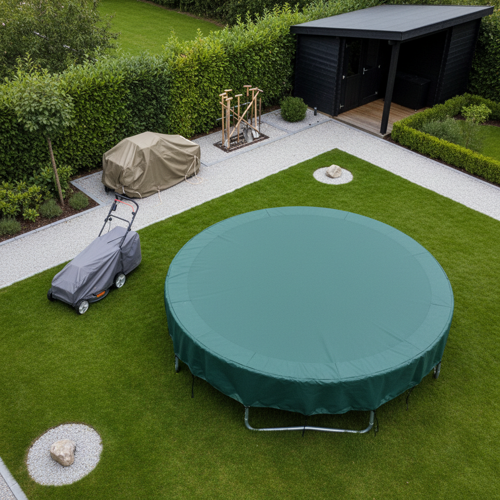 A bird’s-eye view of a spacious backyard where multiple pieces of outdoor equipment are each protected by fitted covers: a trampoline in dark green, a lawnmower in graphite gray, and stacked garden tools under a taupe tarp. The neatly arranged lawn features clean paths and small gravel areas, bordered by hedges and a modern shed. Bright but soft overcast daylight ensures even illumination, reducing harsh contrasts while still defining each object’s shape under the covers. The composition emphasizes order and planning, with clearly separated zones and sharp focus across the frame. The photographic, professional style visually communicates comprehensive, systemized outdoor protection across different needs and shapes.
