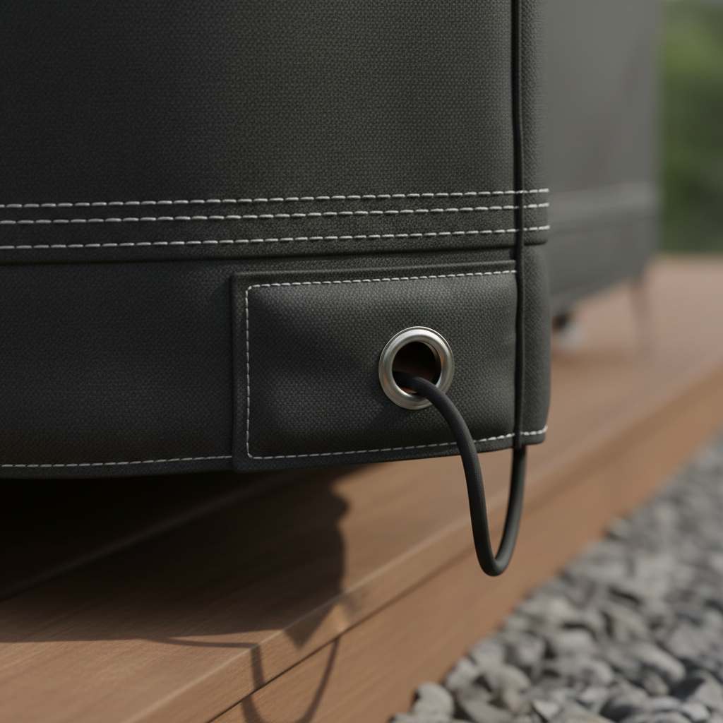 A close-up, detail-focused shot of a corner of an outdoor cover, showing thick, textured, charcoal fabric with double-stitched seams, a triangular reinforcement patch, and a stainless-steel grommet threaded with a black elastic cord. The background is a blurred hint of a wooden deck and gravel border, keeping attention on craftsmanship. Soft natural side lighting enhances the depth of the stitching and fabric weave, creating gentle, precise shadows. The composition uses tight framing and shallow depth of field to emphasize quality, durability, and engineering. The photographic realism and neutral color palette support a professional, technical mood, ideal for illustrating material quality and construction details for premium outdoor covers.