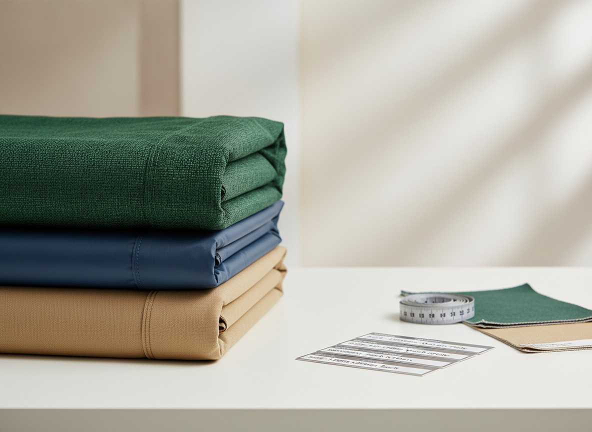 A set of three folded outdoor covers in different sizes, stacked on a clean white workbench in a minimalist studio setting. The top cover is forest green with a rugged woven texture, the middle one slate blue with a smoother technical finish, and the bottom one warm beige canvas with visible reinforced stitching and neatly finished hems. Beside them lie a metal measuring tape and fabric swatch cards labeled with dimensions and material types. Soft, even studio lighting eliminates harsh shadows, creating a clean, professional product catalog feel. Shot from a slightly elevated angle with sharp focus and subtle background blur, the photographic realism and uncluttered composition highlight customization options in size, color, and material for tailored outdoor protection.