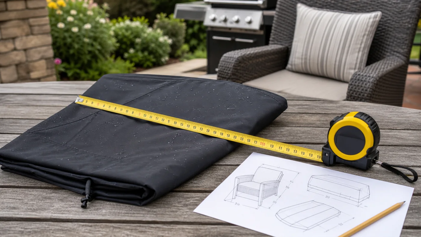 Measuring custom outdoor covers with fabric sample and tape