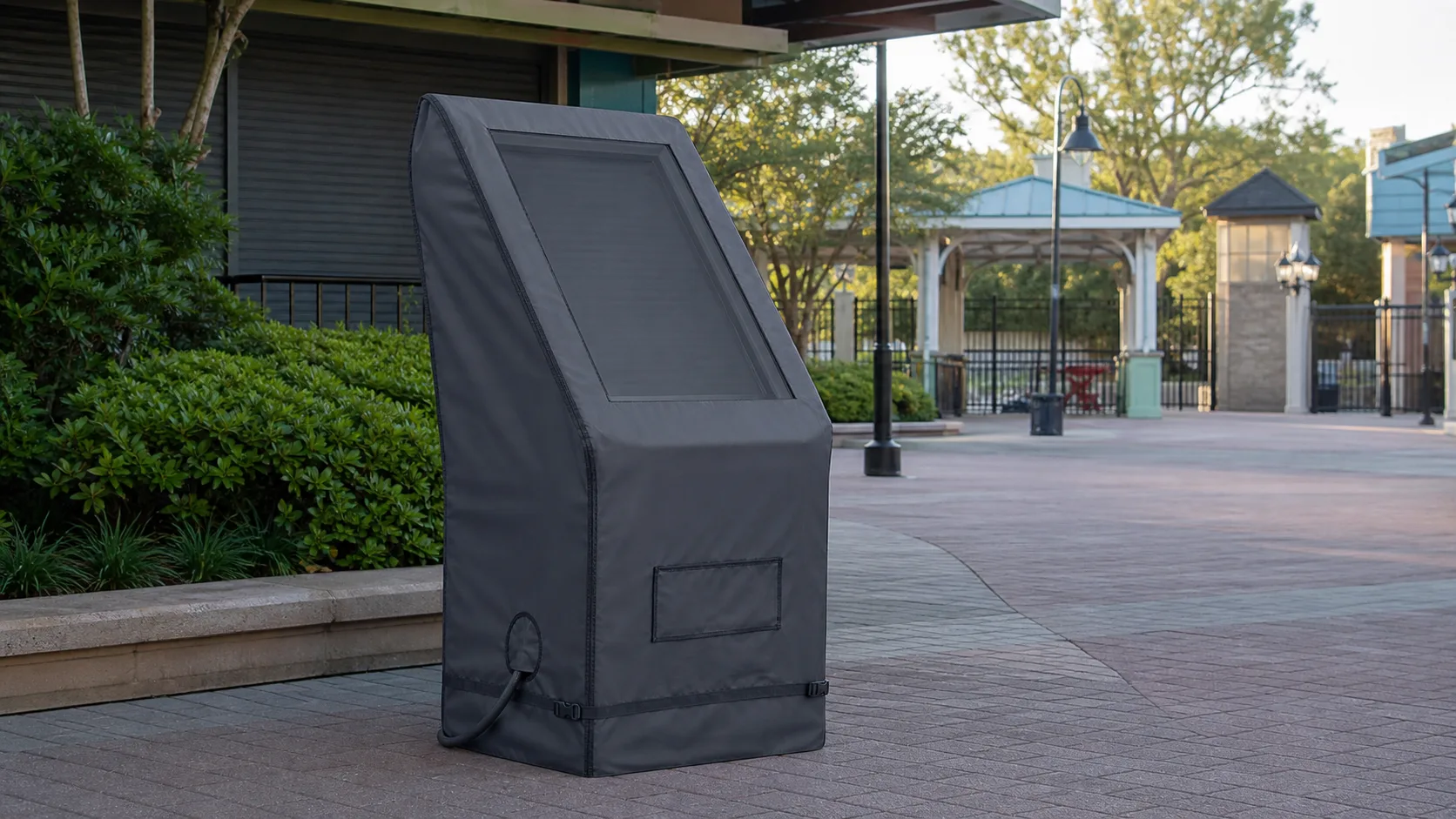 Custom charcoal outdoor kiosk cover with screen shape, cable flap, pedestal coverage, and lower straps