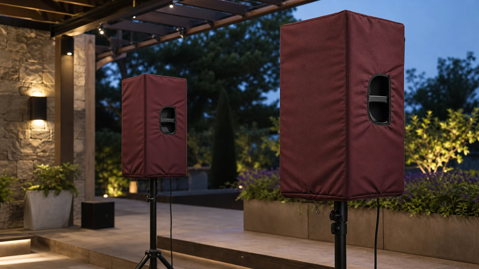 Deep burgundy fitted covers protecting two powered outdoor speakers on stable stands between event uses