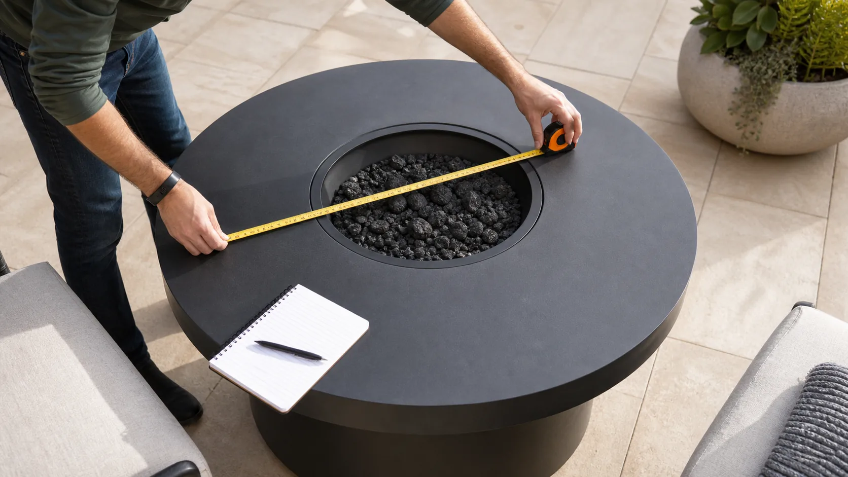 Measuring the diameter of a round outdoor fire pit table for a custom circular cover