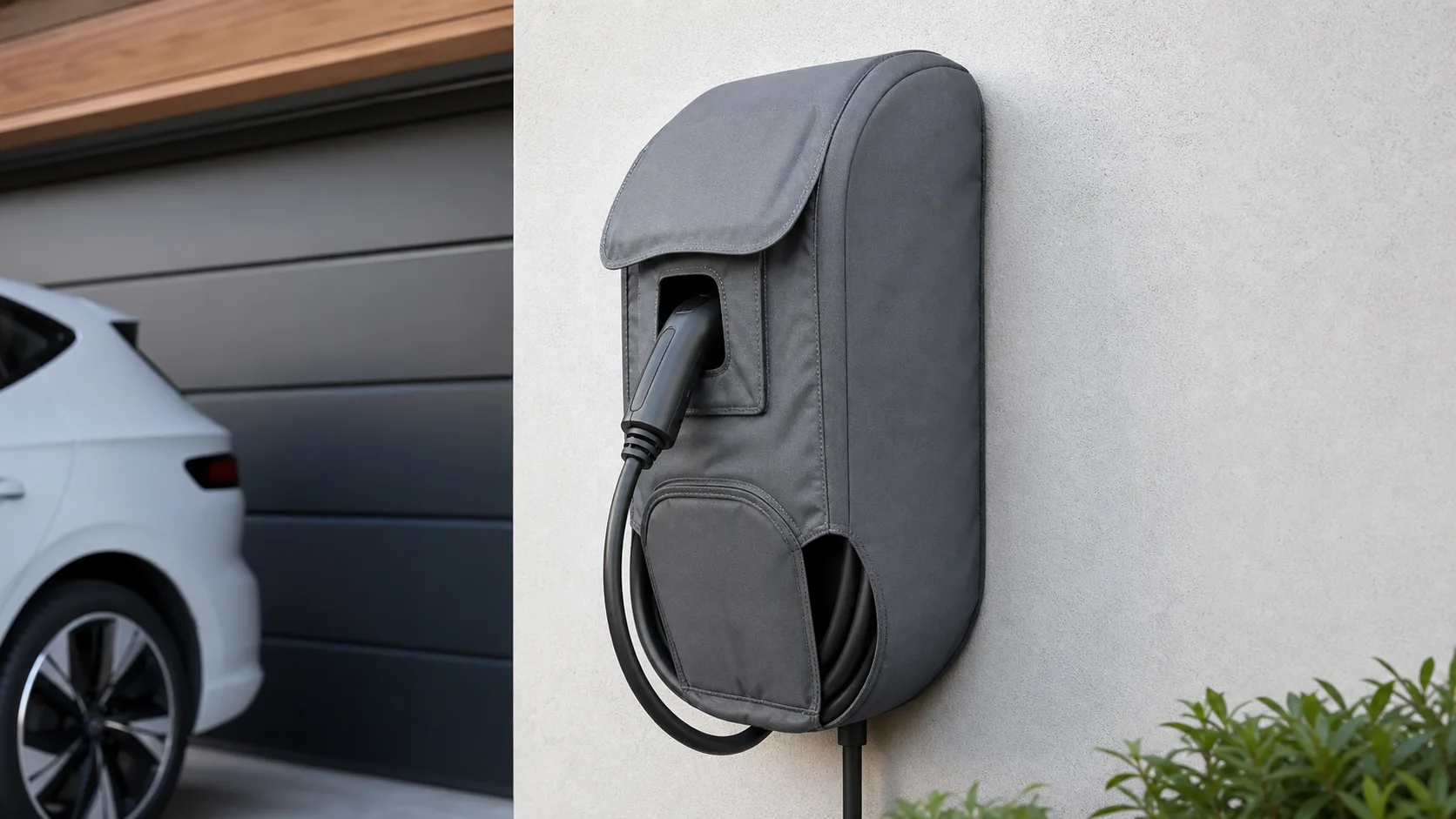 Custom cover protecting a wall mounted EV charger with cable loop, plug cradle, drainage gap, and side closure