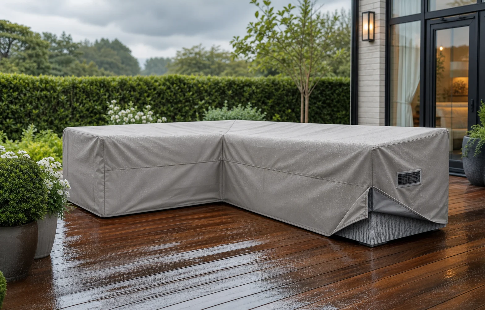 Fitted L-shaped sectional sofa cover on a rain-damp patio