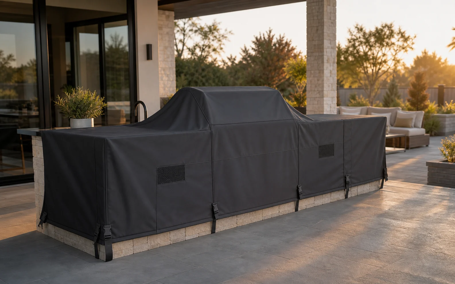 Custom outdoor kitchen cover protecting a built-in grill and prep counter